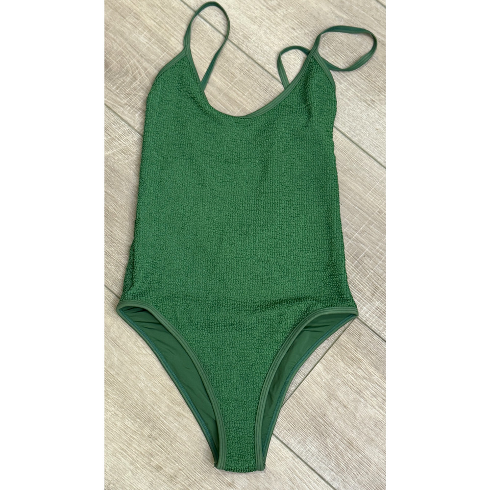 IT'S NOW COOL FREE PEOPLE KHAKI GREEN TIE BACK CRIMP ONE PIECE SWIMSUIT SZ XS